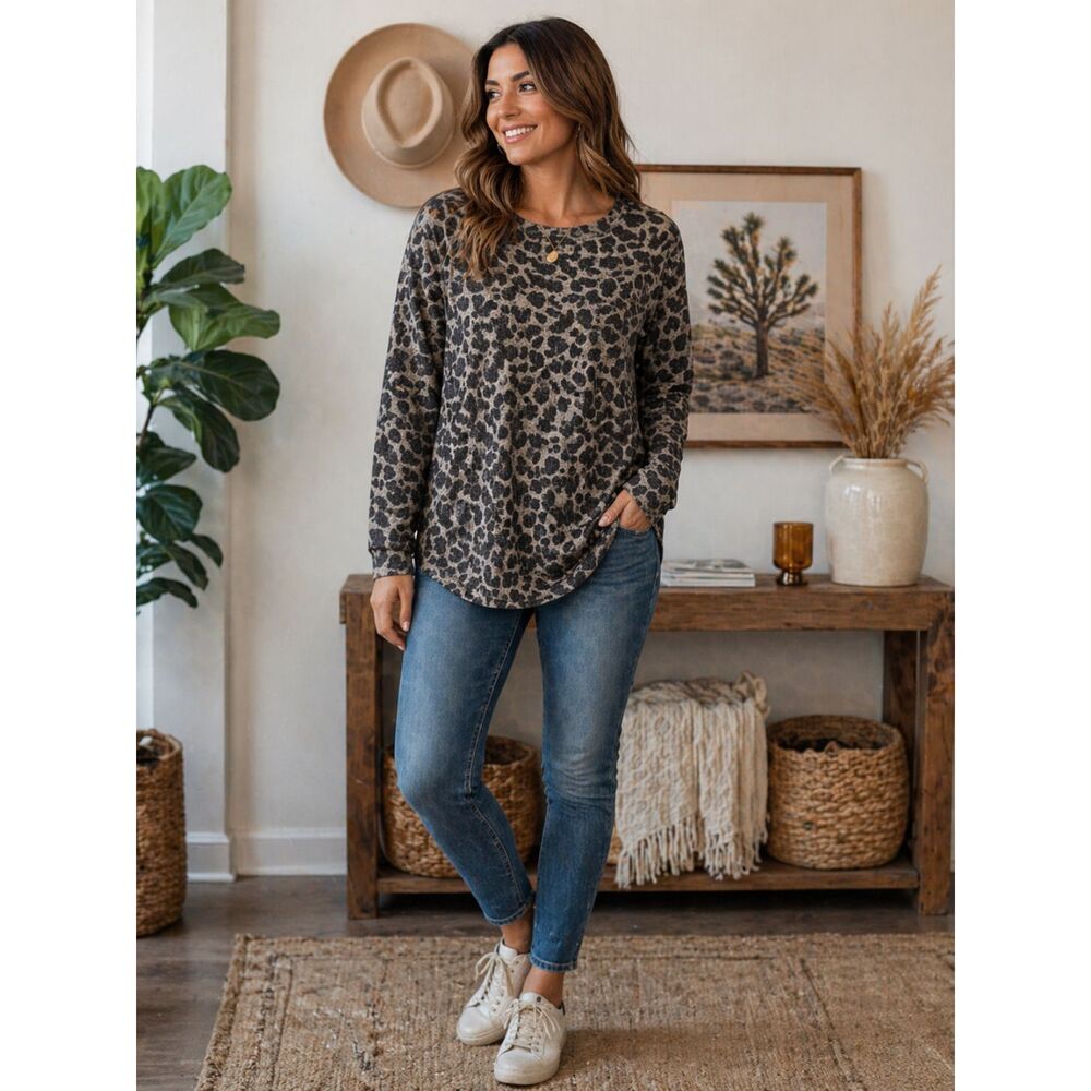 Peace & Pearls Leopard Print Long Sleeve Tunic Top XXL Neutral Animal Print